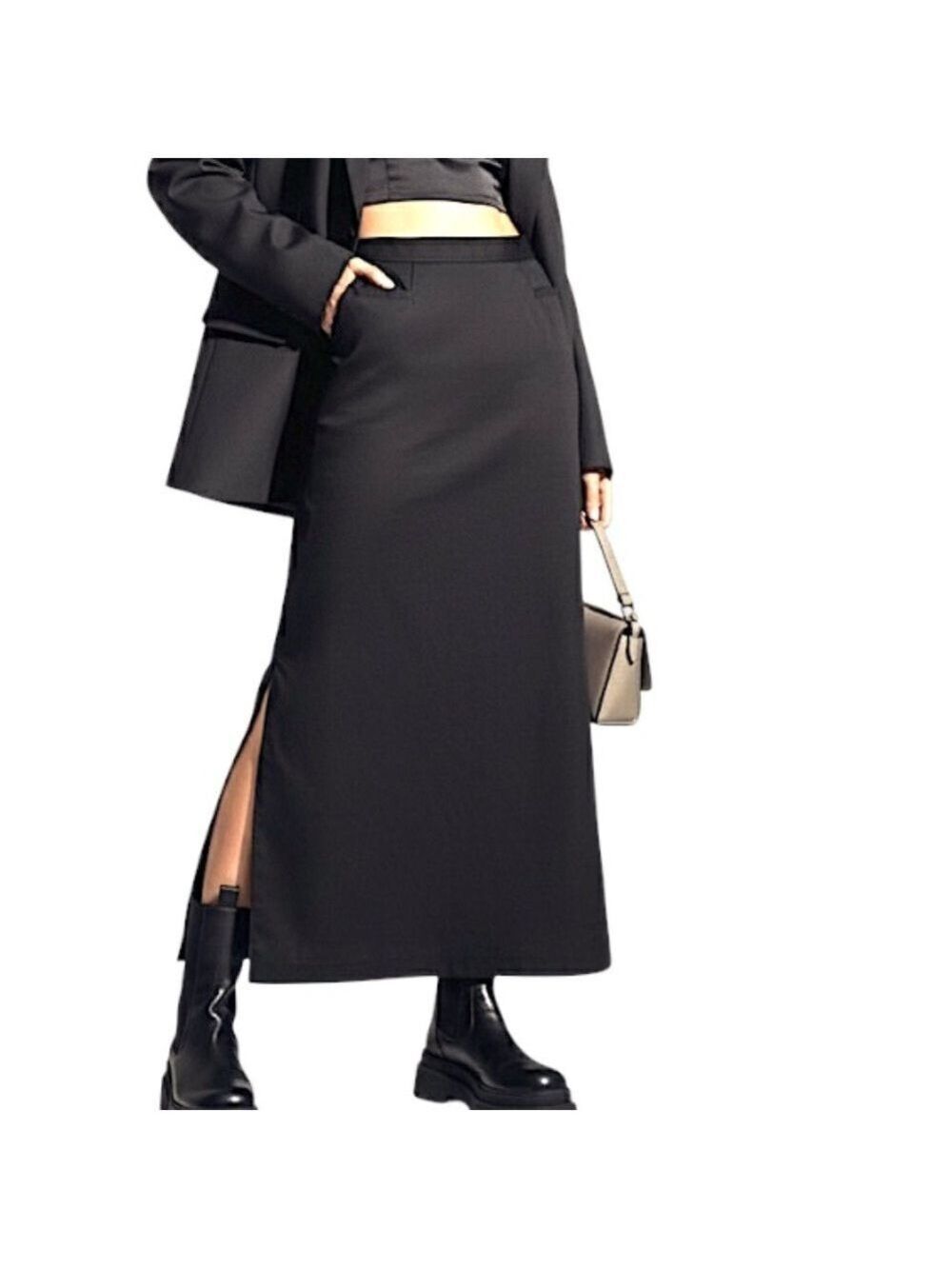 Vintage 90s minimalist black long zip sides maxi skirt